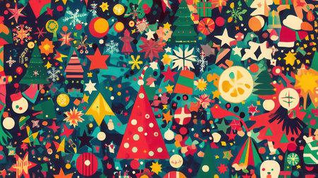 The composition showcases an array of Christmas symbols, including trees, stars, and snowflakes, creating a festive atmosphere.の素材