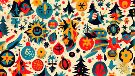 This artwork showcases a dynamic array of Christmas symbols, including trees, stars, and gifts, radiating holiday joy and creativity.の素材