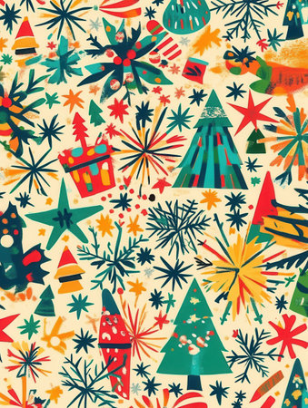 This lively design showcases an array of Christmas symbols, including trees, stars, snowflakes, and gifts set against a colorful background.の素材
