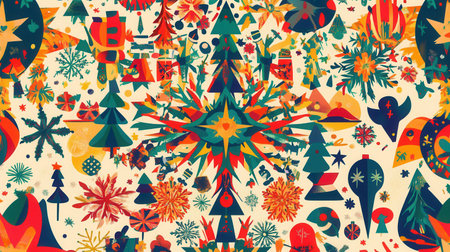 An intricate arrangement of various Christmas motifs including trees, stars, and snowflakes spread across a colorful backdrop.の素材