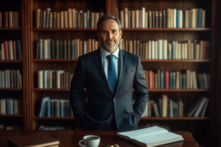 A distinguished professor in a suit stands confidently in front of a bookshelf filled with books, exuding authority and knowledge.の素材