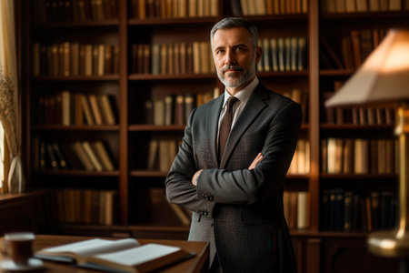 A distinguished professor poses confidently in a suit, surrounded by a wealth of books in a serene study filled with natural light.の素材
