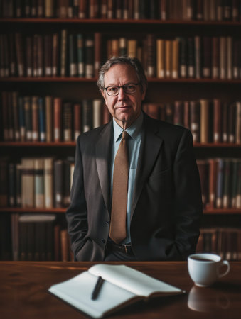 A professor poses with confidence in a suit besides a large bookshelf packed with books, showing scholarly expertise and professionalism.の素材