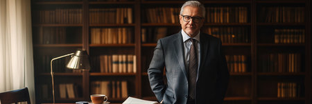 A distinguished professor in a suit poses confidently before a well-stocked bookshelf in his academic office setting.の素材