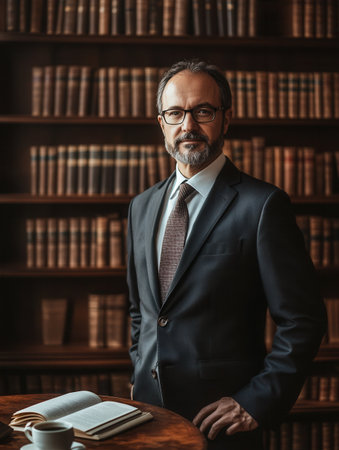 The distinguished professor stands confidently in a suit, surrounded by an impressive collection of books in a scholarly atmosphere.の素材