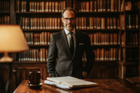 A distinguished professor stands confidently beside a wooden desk in a library, surrounded by shelves filled with books, exuding authority.の素材