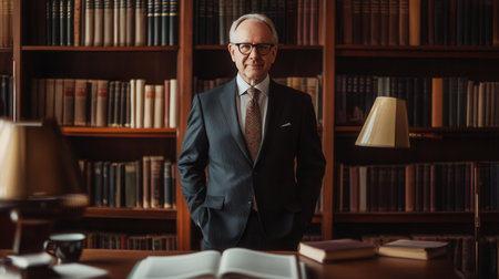 A professor poses confidently in his office, showing a vast collection of books on the shelves, illuminated by soft lighting.の素材