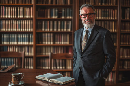 The professor stands proudly in front of a bookshelf filled with various books, exuding knowledge and authority in a scholarly environment.の素材