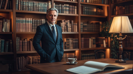 A distinguished professor stands in front of a grand bookshelf, exuding confidence and demonstrating a deep connection to knowledge and learning.の素材