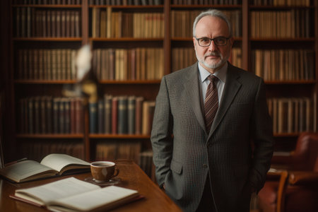 A distinguished professor poses confidently in a suit, surrounded by shelves lined with books in a warm study filled with knowledge.の素材