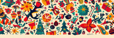 Various Christmas symbols, including trees, stars, gifts, and snowflakes, create a lively and colorful abstract pattern celebrating the holidays.の素材