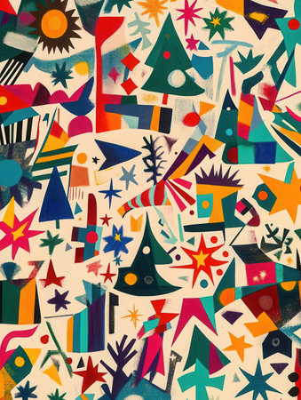 A vibrant arrangement showcases various Christmas symbols, including trees, stars, and snowflakes, reflecting holiday cheer and joy.の素材