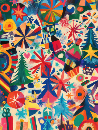 This artwork features a lively blend of Christmas-themed symbols, including trees, stars, gifts, and snowflakes amidst colorful patterns.の素材