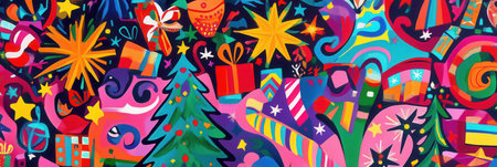 This artwork showcases a lively and colorful abstract pattern with Christmas elements such as trees, stars, snowflakes, and gifts.の素材