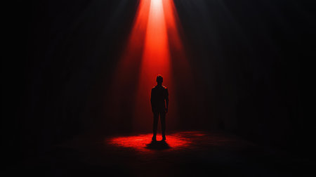 A solitary figure casts a long shadow in a darkened room, lit dramatically by a spotlight that creates an eerie atmosphere of suspense.の素材