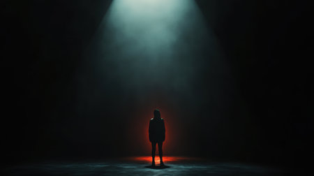 In a dark room, a solitary figure is highlighted by a single spotlight, creating an atmosphere of fear and suspense.の素材