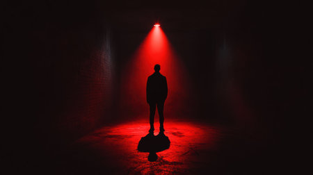 In a dimly lit room, a shadowy figure is highlighted by a single spotlight, creating an atmosphere of tension and intrigue.の素材