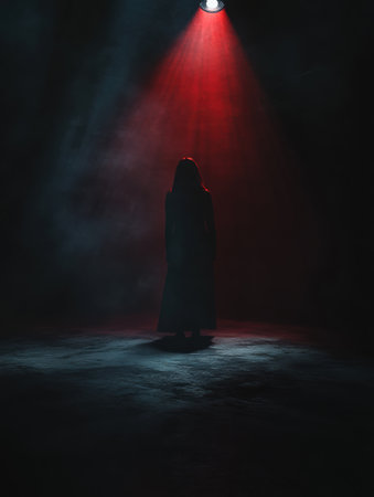 A solitary figure emerges in a dimly lit room, surrounded by swirling shadows and deep colors, amplifying a sense of dread and anticipation.の素材