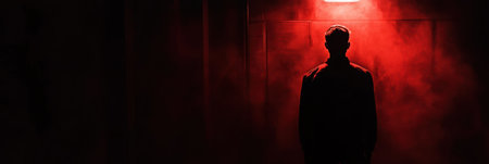In a dimly lit room, a mysterious figure emerges into the light, casting an intense atmosphere filled with suspense and fear.の素材