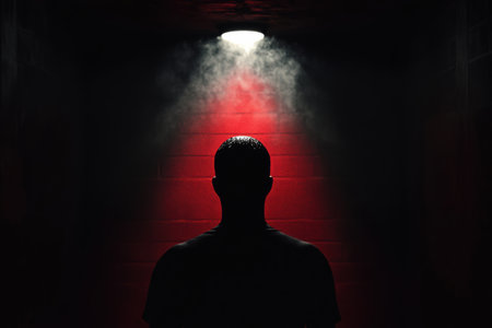 In a dimly lit room, a lone figure is highlighted by a spotlight, surrounded by deep black and red hues, evoking feelings of suspense.の素材