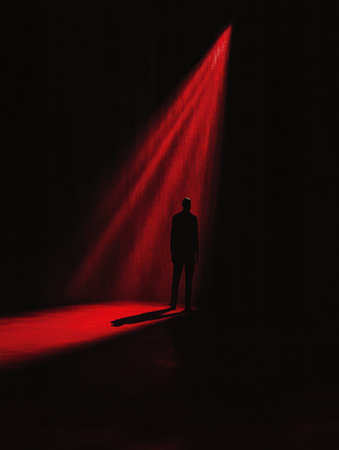 A lone figure is highlighted by a strong red spotlight in an otherwise dark room, creating an atmosphere filled with tension and dread.の素材