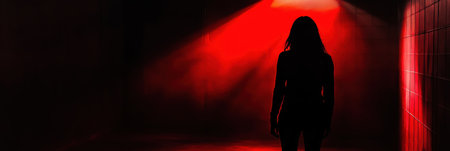 A shadowy figure is cast in a dimly lit room, highlighted by a solitary spotlight that evokes feelings of fear and suspense.の素材