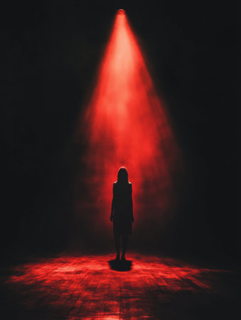 In a dark room, a single spotlight reveals a shadowy figure, creating an intense atmosphere filled with suspense and fear.の素材