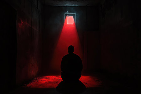 In a dimly lit room, a figure sits quietly, bathed in a deep red light, evoking feelings of tension and mystery.の素材