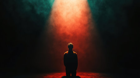 In a dark room, a lone figure kneels under a spotlight, surrounded by deep, intense colors, evoking a sense of fear and tension.の素材