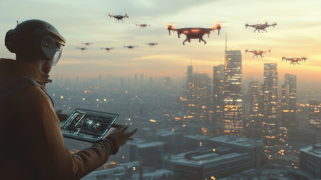 A skilled pilot controls a fleet of sleek drones with a touchpad, overseeing a sprawling cityscape at sunset from a futuristic center.の素材