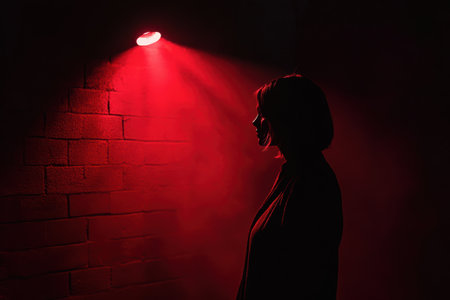The atmosphere is charged with tension as a shadowy figure stands under a red spotlight, surrounded by darkness, enhancing the feeling of suspense.の素材