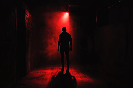 In a dimly lit room, a shadowy figure is highlighted by a spotlight, creating an atmosphere filled with fear and tension.の素材