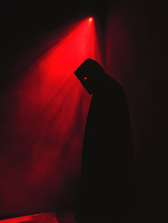 A mysterious figure cloaked in black fills the dark room, highlighted by a striking red spotlight that enhances the suspense.の素材