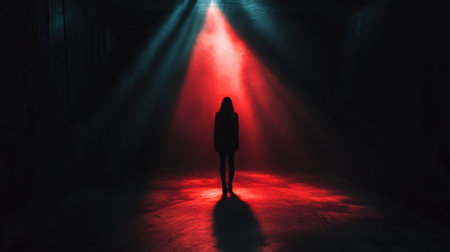A shadowy figure stands alone in a dimly lit space, surrounded by deep, intense colors evoking a chilling sense of fear and tension.の素材
