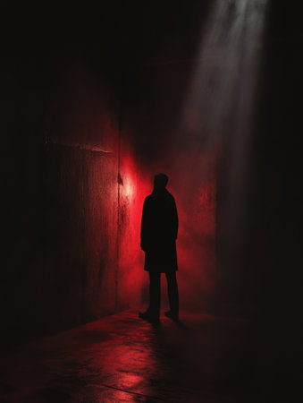 A figure shrouded in darkness is caught in a single beam of light, surrounded by intense black and red tones, creating a suspenseful atmosphere.の素材
