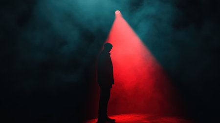 A lone silhouette emerges in a dimly lit space, the deep colors heightening suspense and evoking a sense of fear and mystery.の素材
