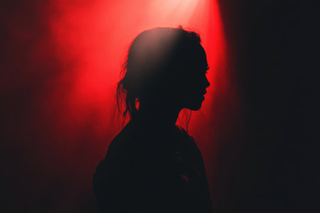 A lone figure is shrouded in shadows, with intense red and black hues enhancing the atmosphere of fear and suspense in a dark room.の素材