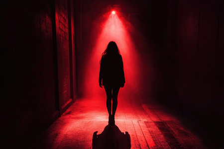 A solitary figure is cloaked in shadows, surrounded by deep colors of black and red, creating an intense feeling of suspense and fear.の素材