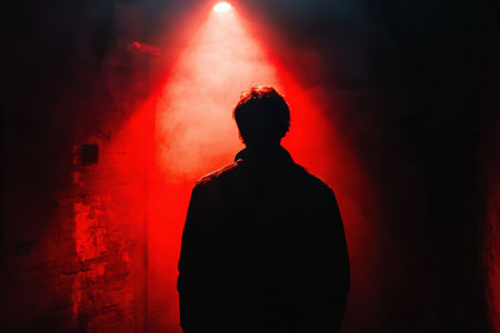 In a dimly lit room, a lone figure is highlighted by a striking red spotlight, evoking feelings of mystery and tension.の素材