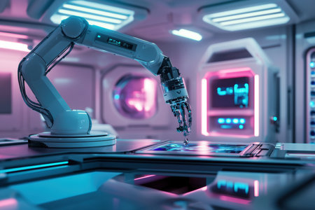 A robotic arm constructs intricate machinery in a modern lab, surrounded by luminous panels and interactive holographic interfaces.の素材
