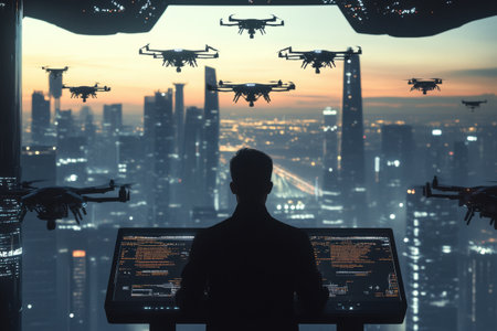 In a high-tech control center, a pilot commands multiple sleek drones flying above a vibrant city skyline during sunset.の素材