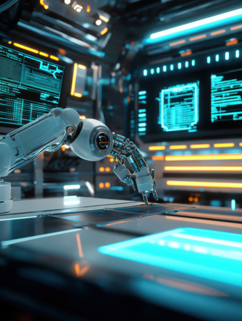 The robotic arm expertly assembles complex machinery in a cutting-edge laboratory filled with luminous panels and holographic interfaces.の素材