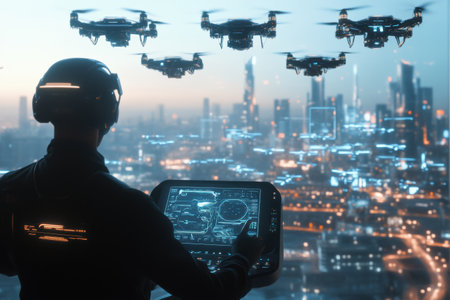 A skilled drone pilot controls a swarm of high-tech drones with a touchpad in an innovative control center overlooking the city at dusk.の素材