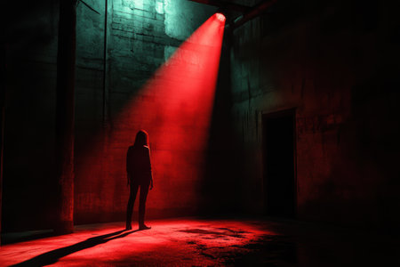 In a dimly lit space, a solitary figure is illuminated by a piercing spotlight, surrounded by intense shadows and vivid colors that evoke suspense.の素材
