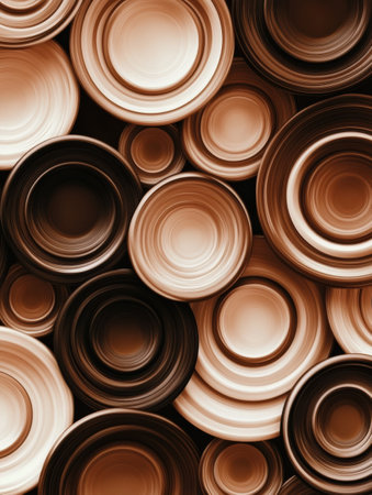 Overlapping coffee cup rings in varied shades of brown create a dynamic abstract pattern, showing an organic, visually rich design.の素材