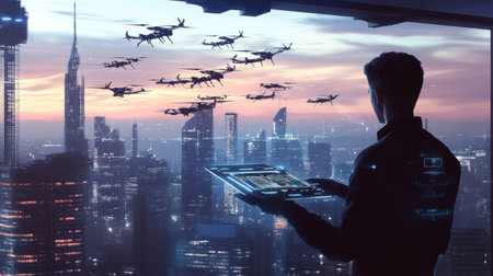A skilled drone pilot manages multiple advanced drones from a high-tech control center as the sun sets over a vibrant cityscape.の素材