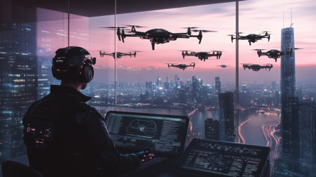 A drone pilot skillfully controls a fleet of advanced drones using a touchpad in a futuristic control center during twilight hours.の素材