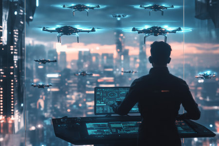 A drone pilot skillfully maneuvers multiple drones using a high-tech touchpad in a dynamic control room with a city view.の素材