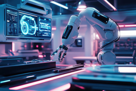 A robotic arm meticulously assembles intricate machinery in a futuristic lab enhanced by glowing panels and holographic interfaces.の素材