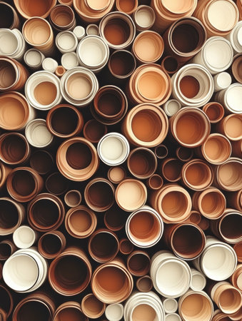 The artwork features an intricate arrangement of interwoven coffee cup rings in various brown tones, creating a captivating visual texture.の素材